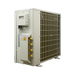 A large industrial heat pump outdoor unit with a beige metal housing, featuring a front grill, side electrical panel, and yellow connector ports, isolated on a white background.