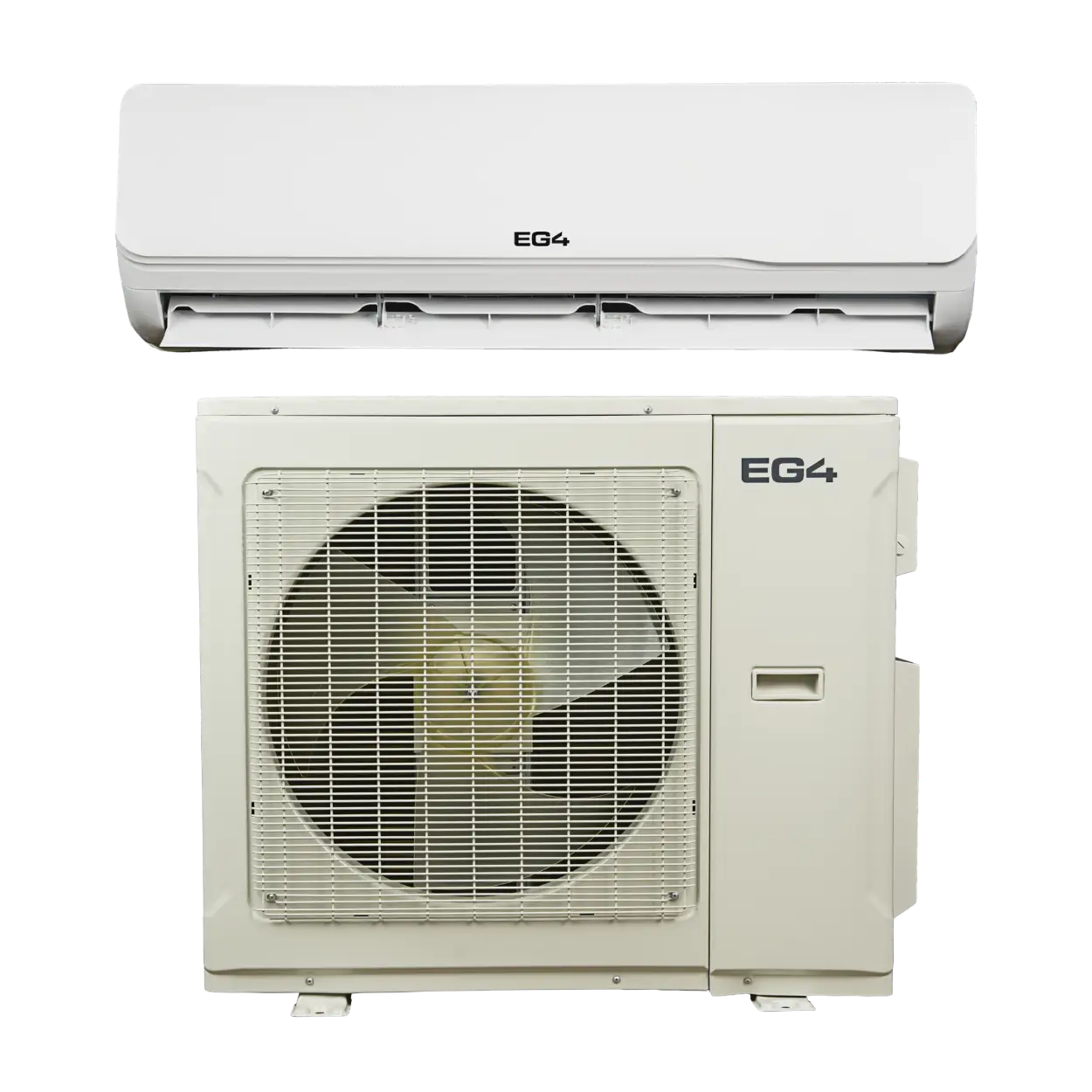 A split air conditioner shown in two parts: the white indoor wall-mounted unit at the top and the beige outdoor condenser unit at the bottom, both featuring the EG4 logo on a clean white background.