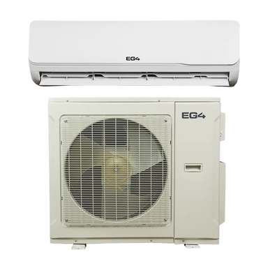 A split air conditioner shown in two parts: the white indoor wall-mounted unit at the top and the beige outdoor condenser unit at the bottom, both featuring the EG4 logo on a clean white background.