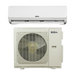 A split air conditioner shown in two parts: the white indoor wall-mounted unit at the top and the beige outdoor condenser unit at the bottom, both featuring the EG4 logo on a clean white background.
