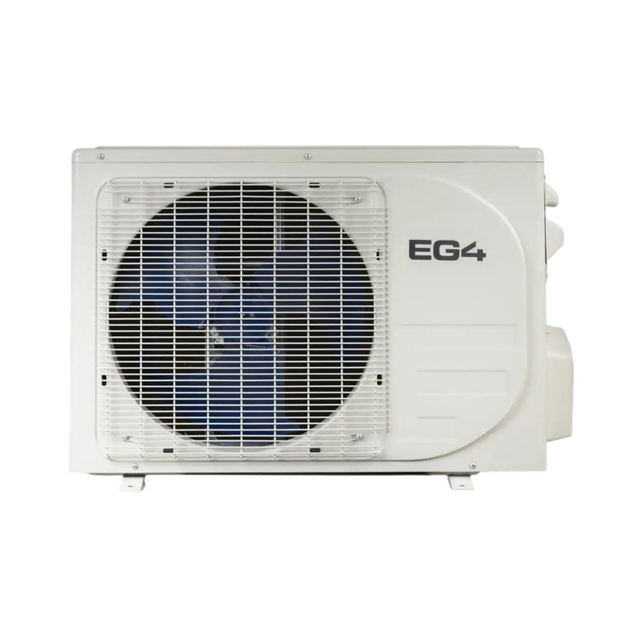 A white outdoor air conditioner or heat pump outdoor unit with a large front fan, metal grille, and 'EG4' branding on the side, shown against a plain white background.