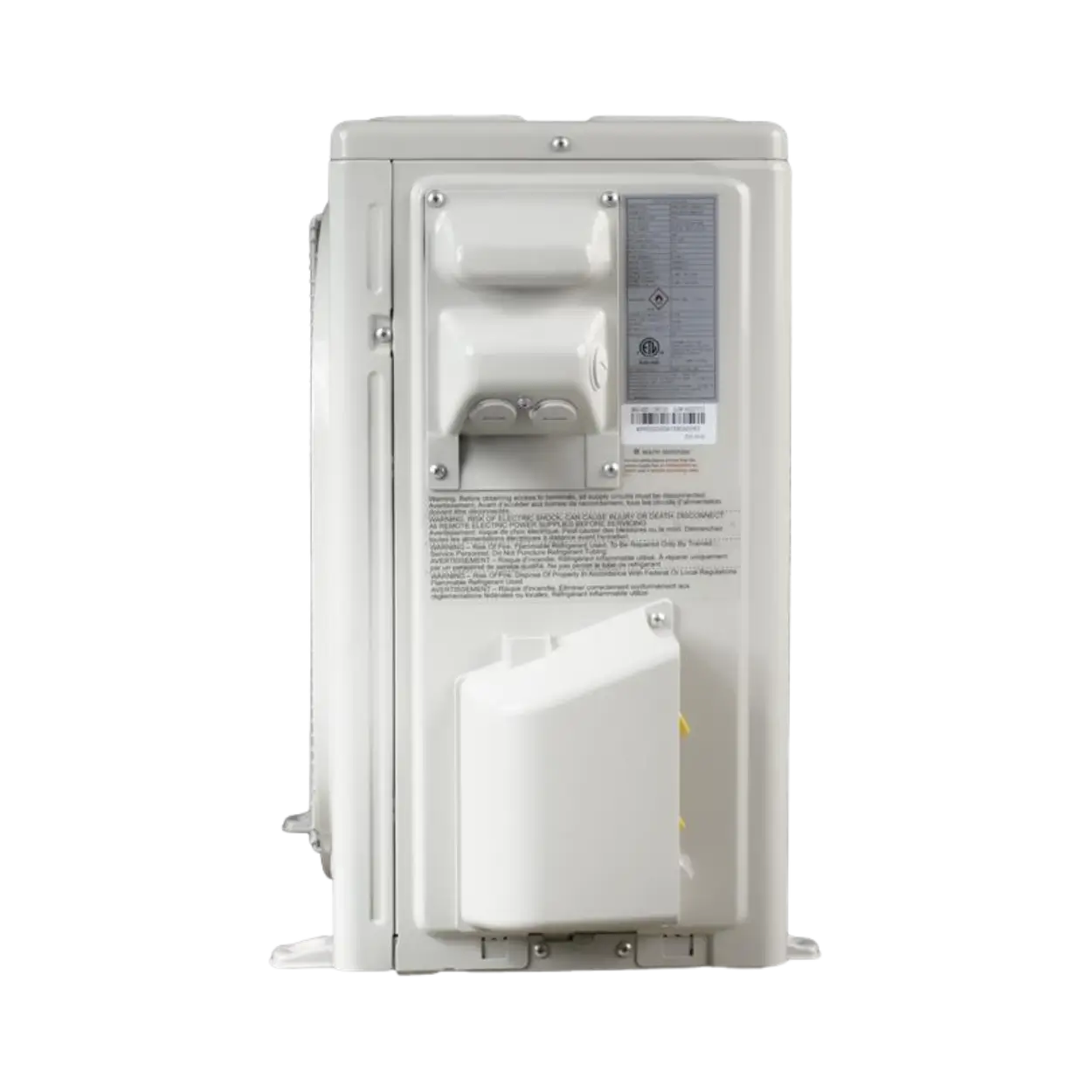 The back view of a white and light gray outdoor air conditioner or heat pump, showing the electrical connection box, vent cover, and technical labels against a white background.