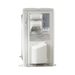 The back view of a white and light gray outdoor air conditioner or heat pump, showing the electrical connection box, vent cover, and technical labels against a white background.