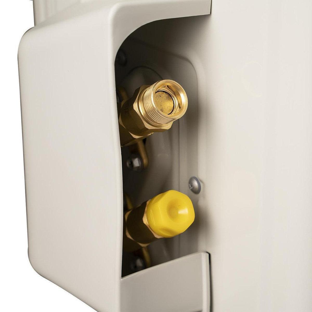Close-up of a white mechanical component with gold and yellow knobs on a white background