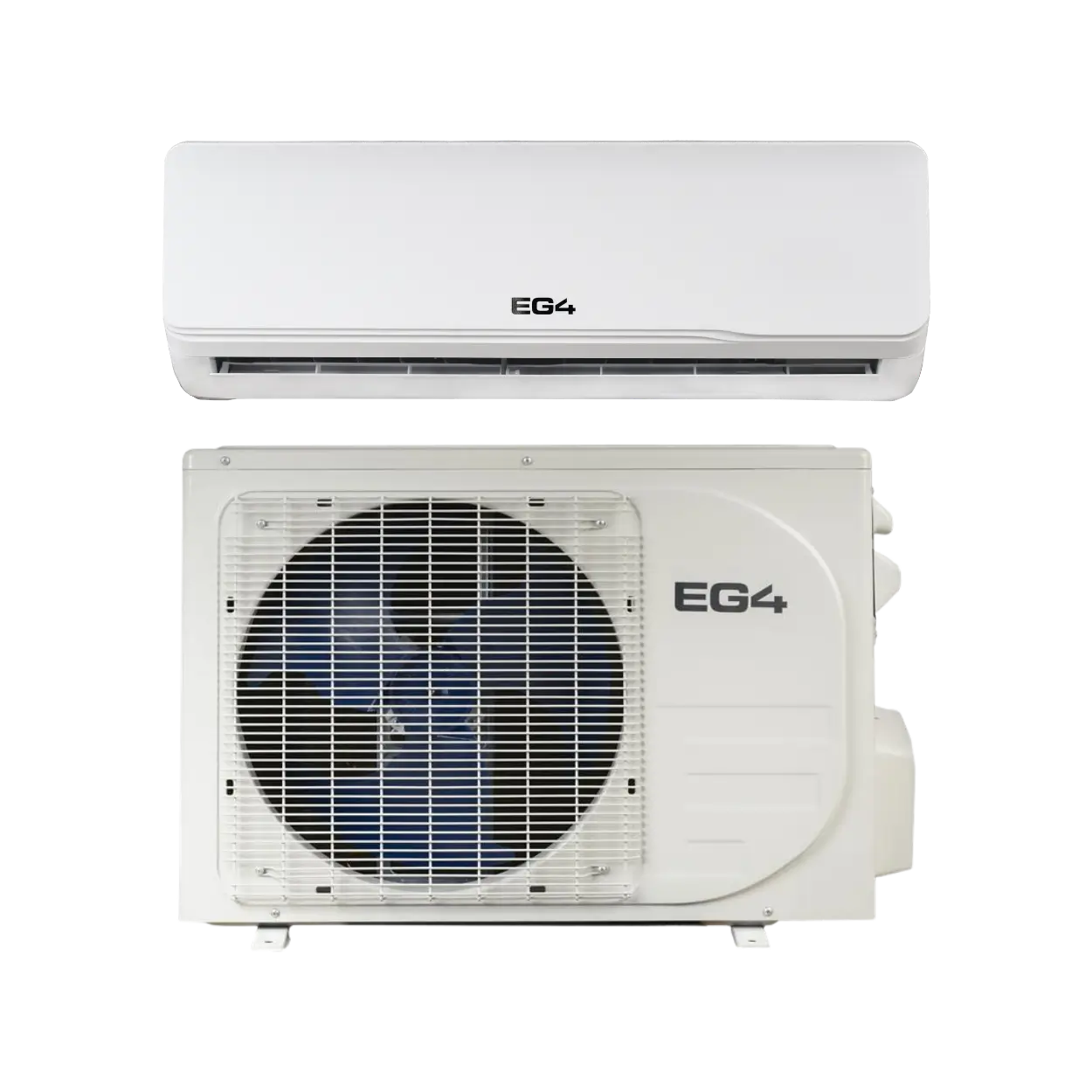 A split air conditioner shown with its white indoor wall-mounted unit above and the matching outdoor condenser unit below, both featuring the EG4 logo on a plain white background.