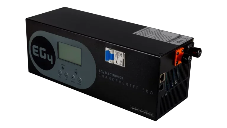EC4 Electronics Chargeverter 5kW inductive charger unit, black metal casing with a digital display screen, control buttons, and terminal connectors on the side, shown on a white background.