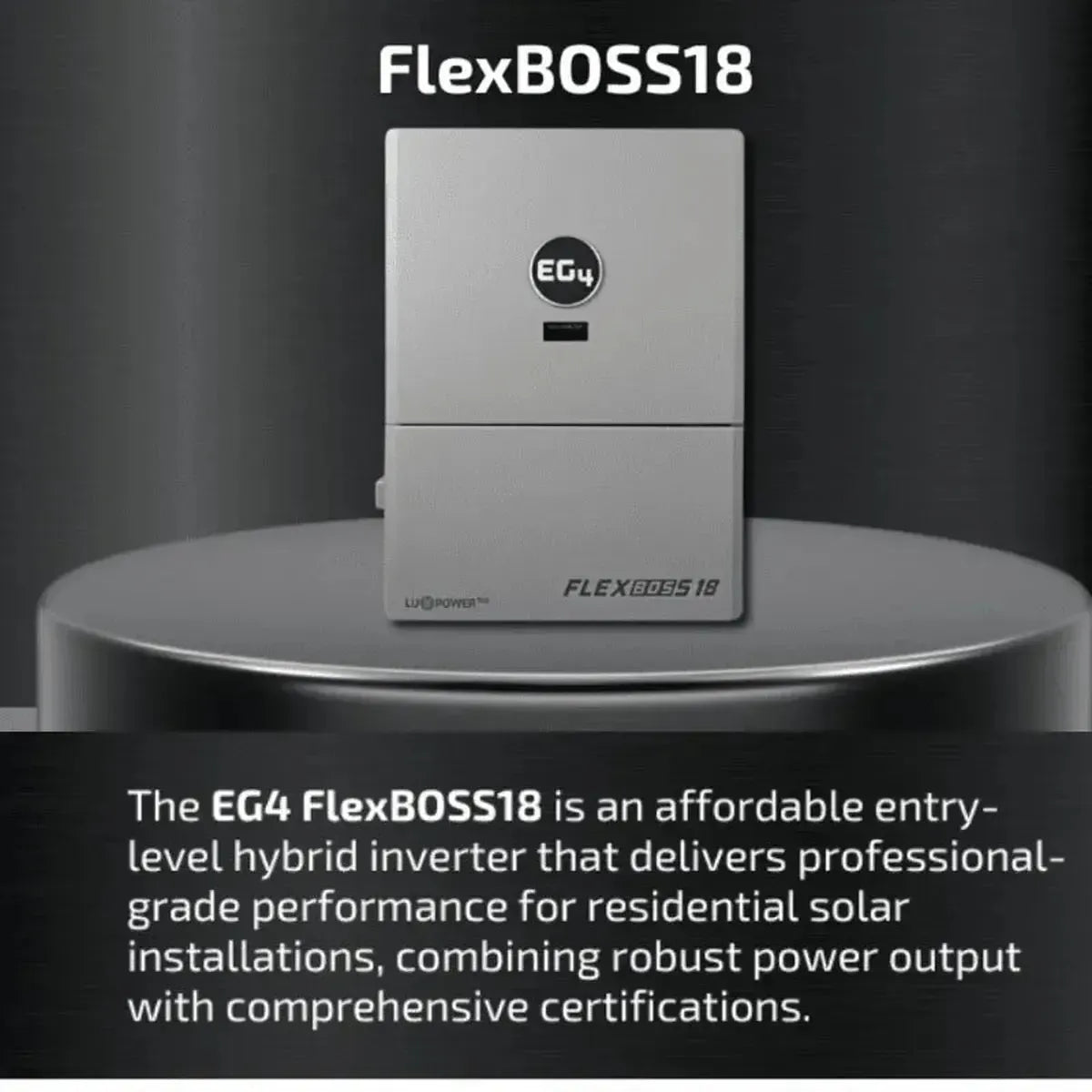 EG4 FlexBOSS18 hybrid inverter on a dark background with text describing its features.