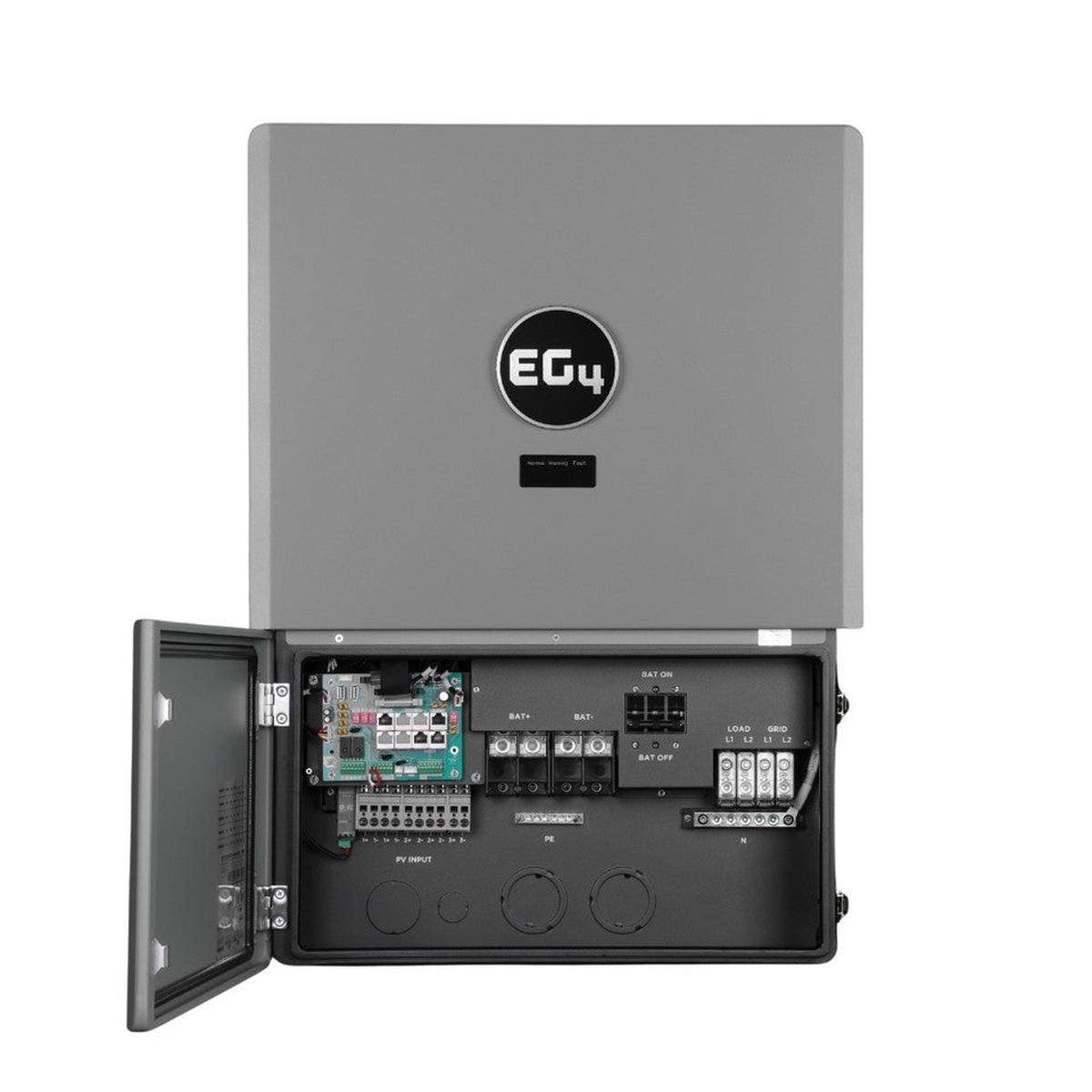 Electrical panel with open cover displaying internal components on a white background