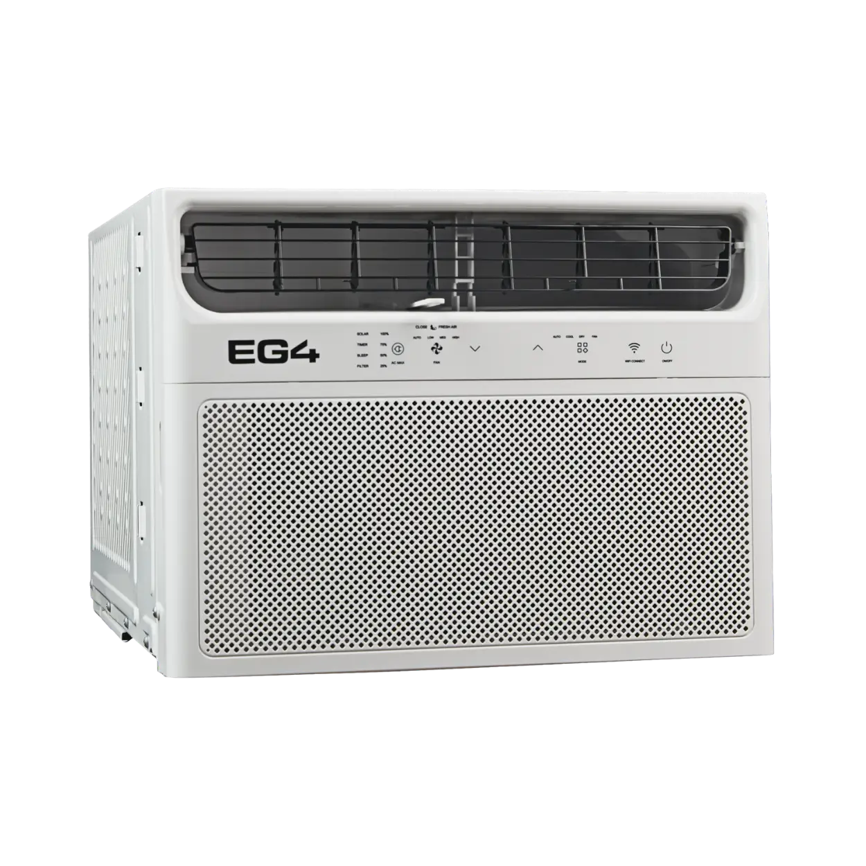 A white window air conditioner with a perforated front grille and the EG4 logo on the upper left, shown against a plain white background.