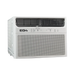 A white window air conditioner with a perforated front grille and the EG4 logo on the upper left, shown against a plain white background.