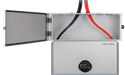 The powerpro conduit box being used on top of an eg4 inverter. It shows the box is open and displays how positive and negative wires feed in between the inverter and the outside.