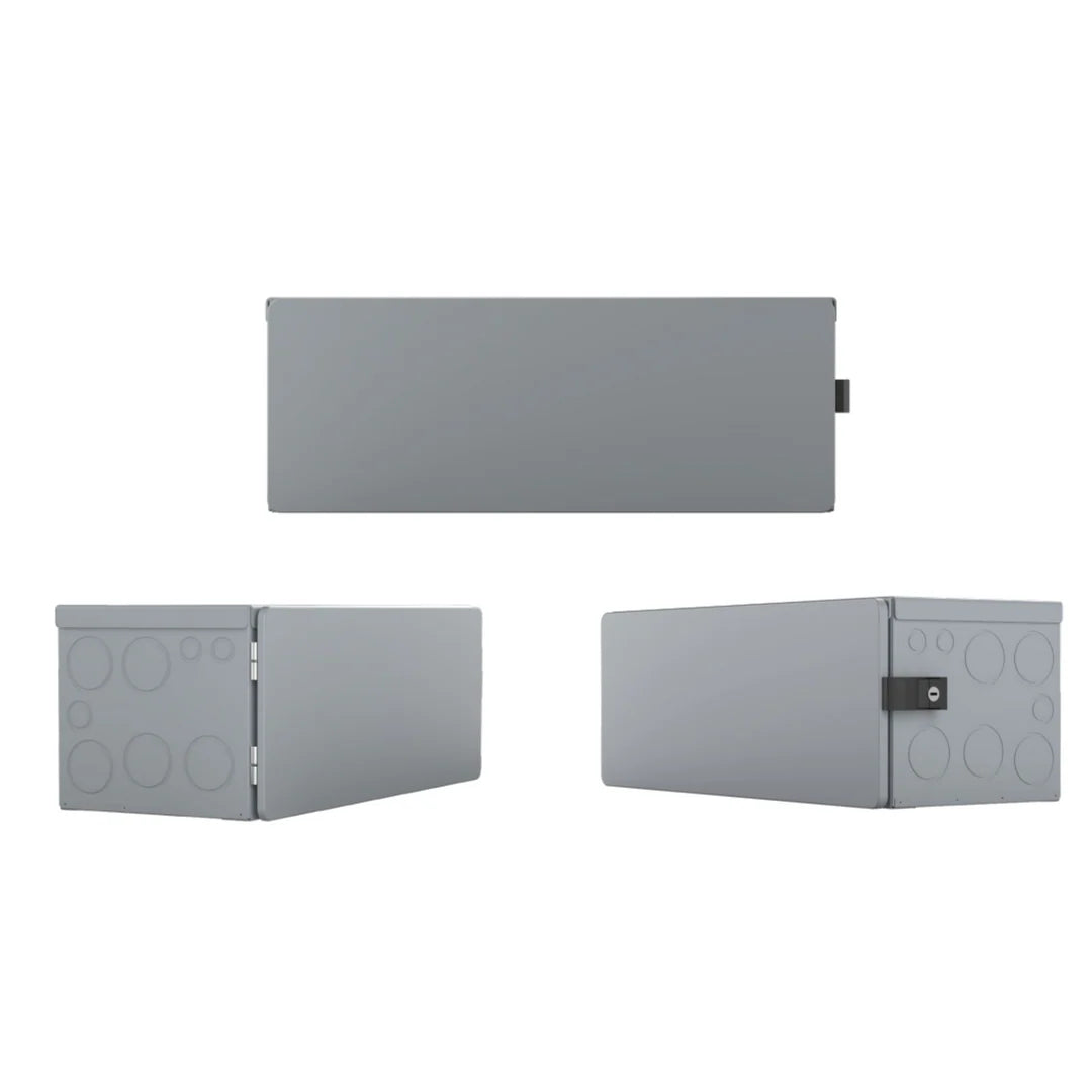 A 3-way view of the powerpro conduit bos displaying the front and sides with cut out holes for wiring