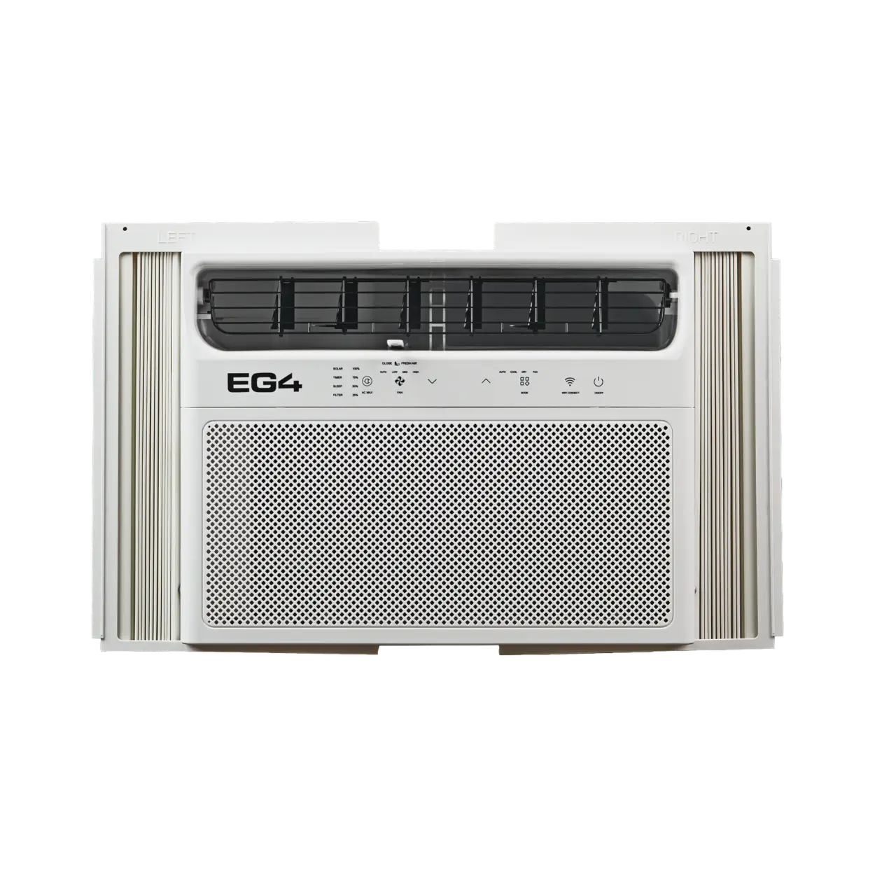 A white window air conditioner with a front grille, side vents, and a top control panel, shown against a plain white background.
