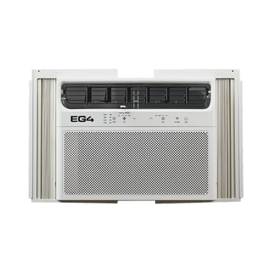 A white window air conditioner with a front grille, side vents, and a top control panel, shown against a plain white background.
