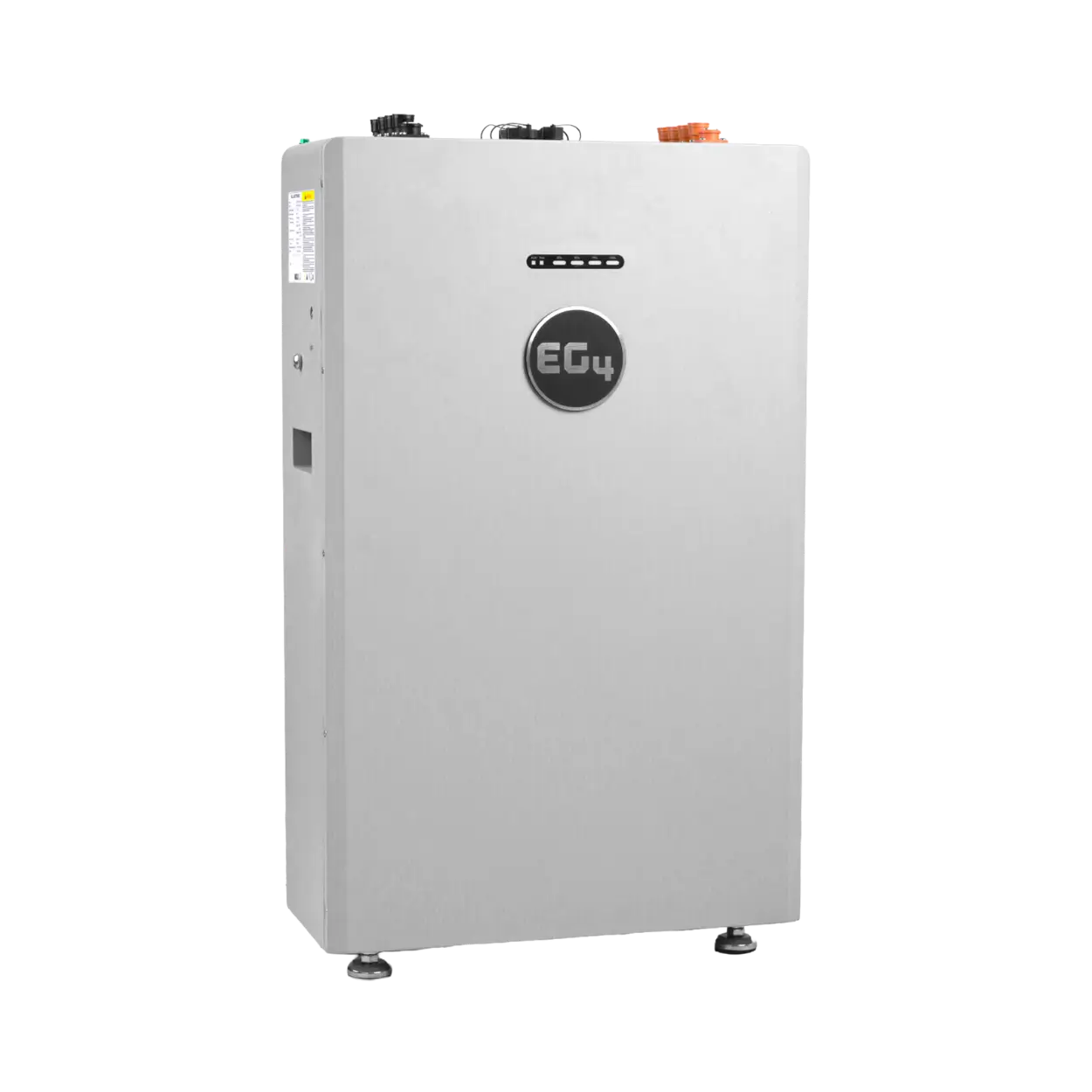 A vertical wall-mounted electric water heater with a silver-gray metal exterior, featuring a circular black 'EC4' logo on the front, top connection ports, and feet on a white background.