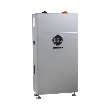 A tall, rectangular metallic gray industrial unit with a circular black 'EG4' logo on the front, standing on small feet against a plain white background.