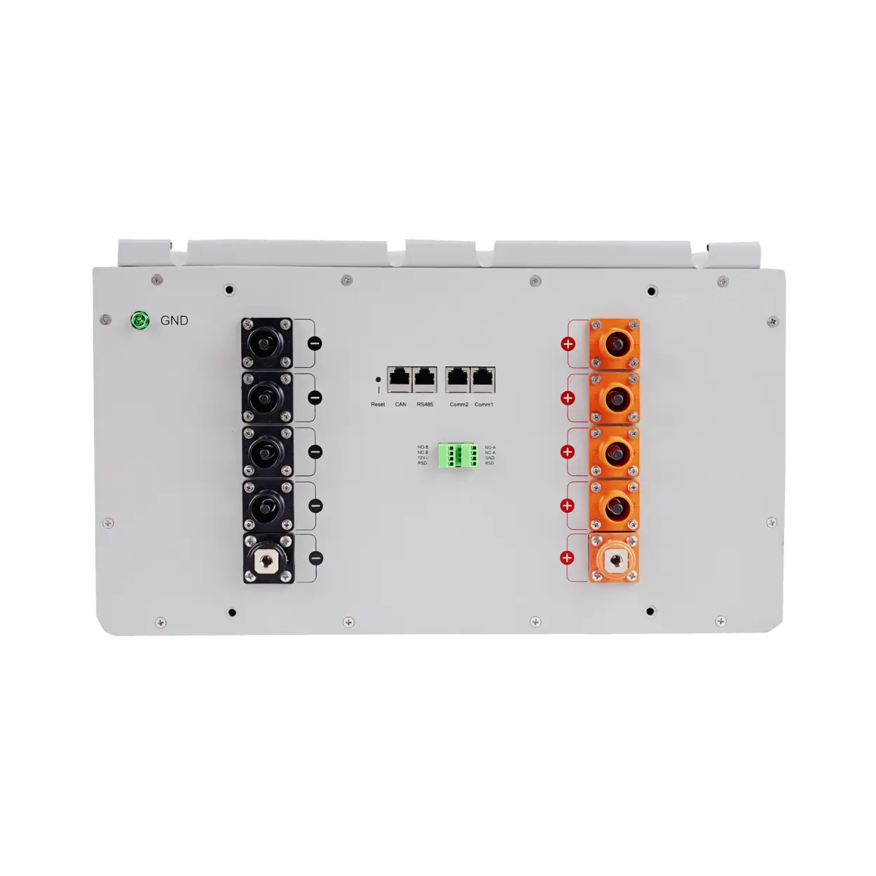 A white industrial electrical panel or battery management system enclosure with multiple black and orange terminal connectors, a small green GND indicator, and four network ports on the front face, shown against a plain white background.