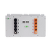 A white industrial electrical panel or battery management system enclosure with multiple black and orange terminal connectors, a small green GND indicator, and four network ports on the front face, shown against a plain white background.