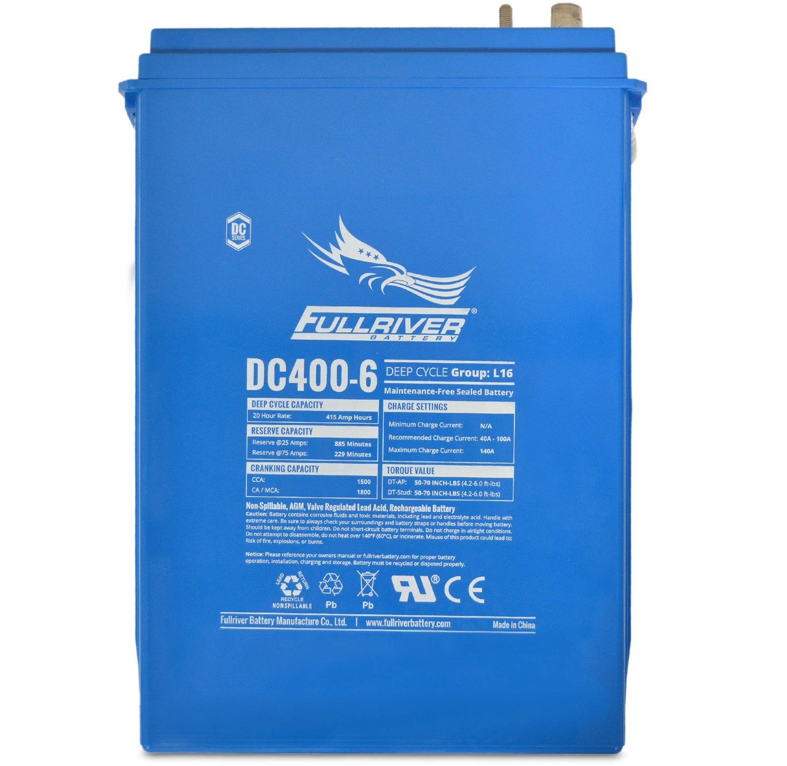 Blue Fullriver battery with text and branding on a white background