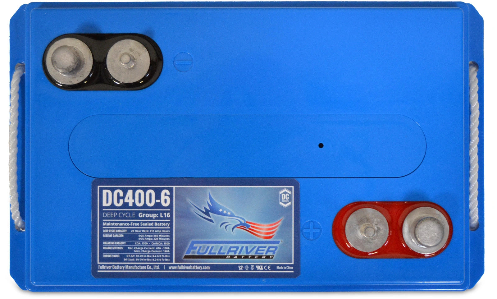 Blue battery with visible branding on a white background