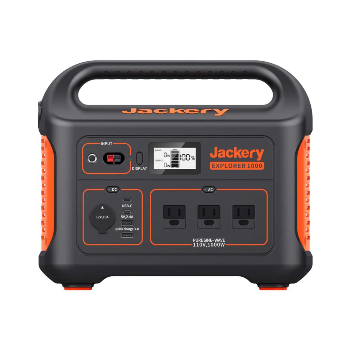 Front panel view of Jackery Explorer 1000 Portable Power Station displaying its Anderson Input, 3 x DC input port, car port, USB-A, USB-C Output, Qualcomm quick charge 3.0, LCD Screen, and LED Flashlight