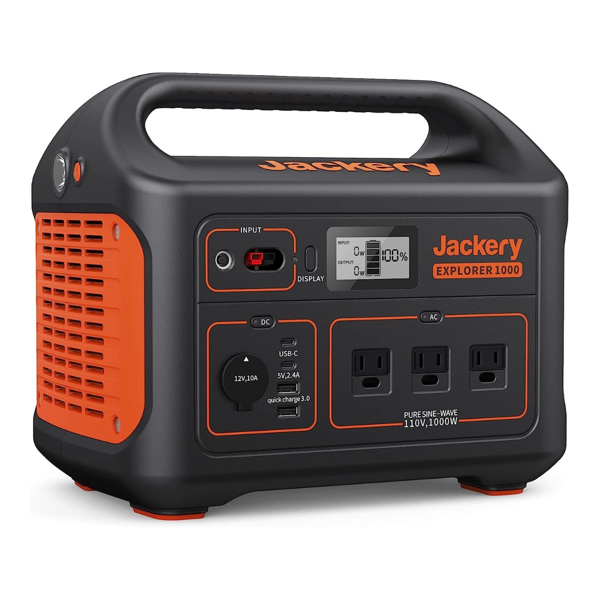 Jackery Explorer 1000 Portable Power Station displaying its compact and durable build with its black and orange color scheme