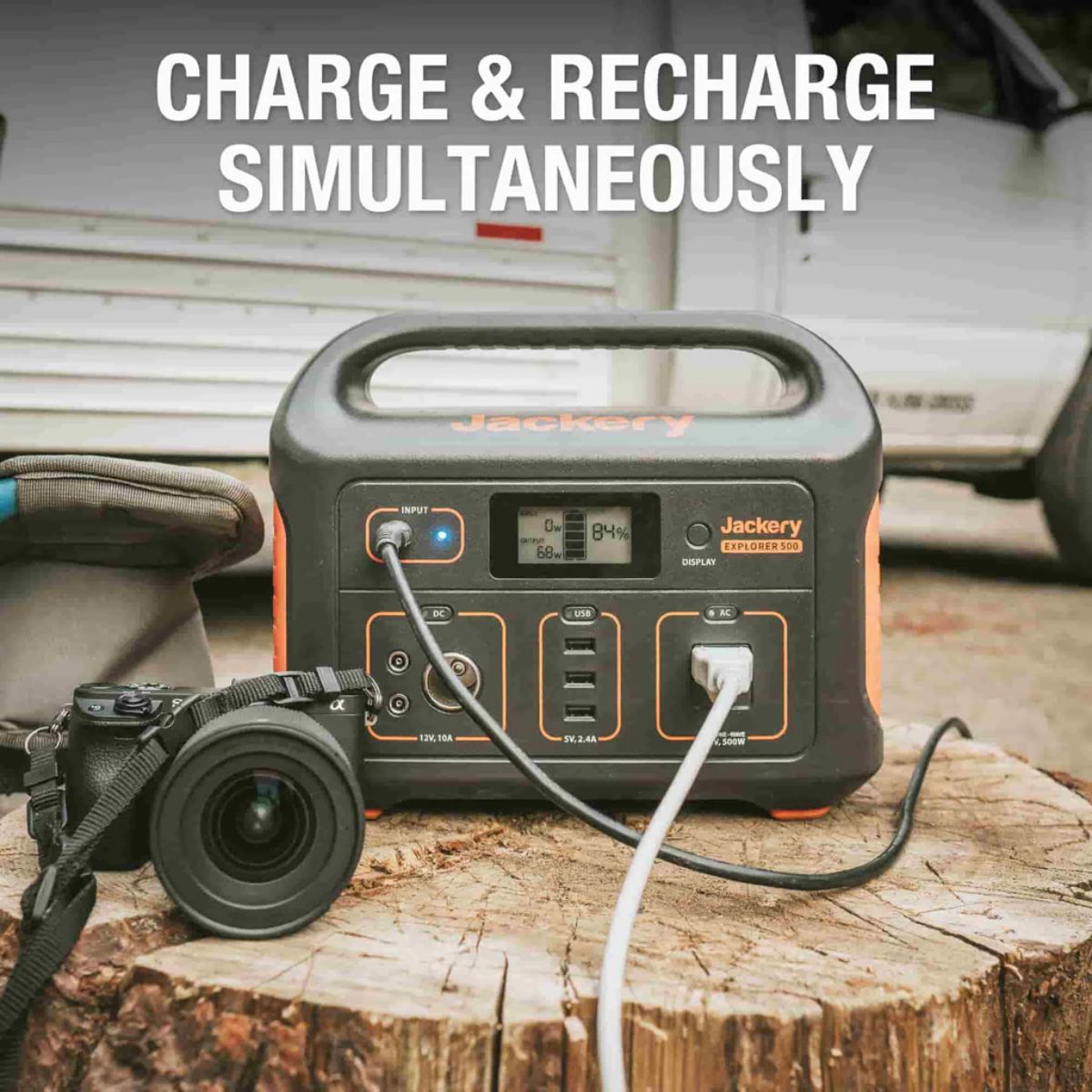 Front panel of Jackery Explorer 500 Portable Power Station feature the unique ability to charge devices while recharging the power station simultaneously