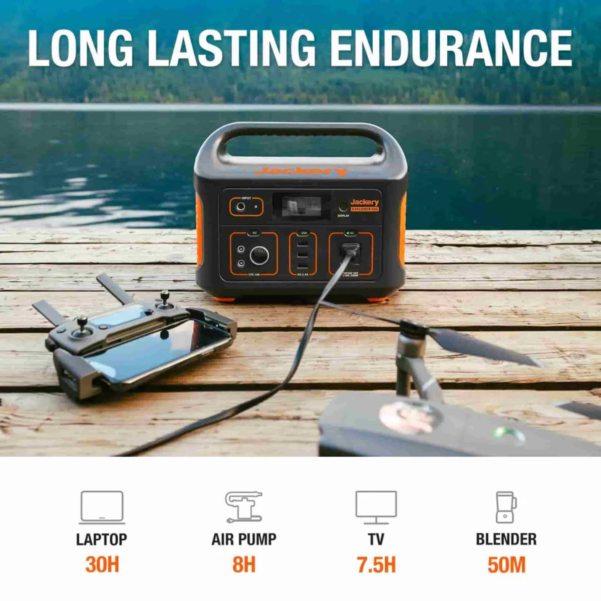 Front panel of Jackery Explorer 500 Portable Power Station displaying its power capacity on different devices