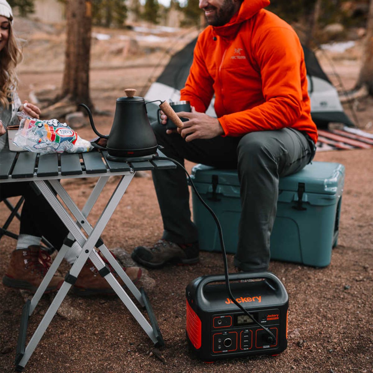 Front panel of Jackery Explorer 500 Portable Power Station powering essential devices for outdoor camping