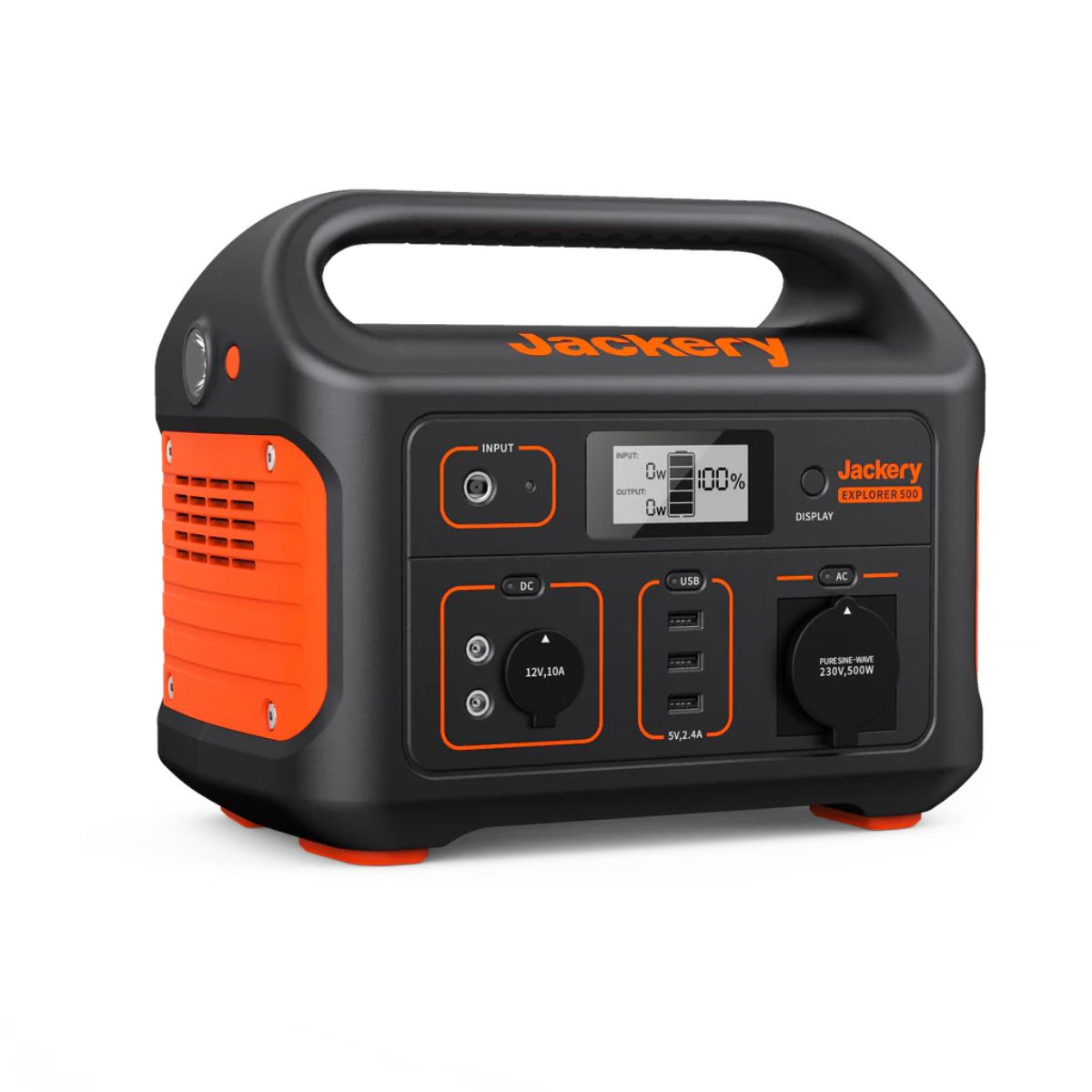 Jackery Explorer 500 Portable Power Station displaying its compact and durable build with its black and orange color scheme