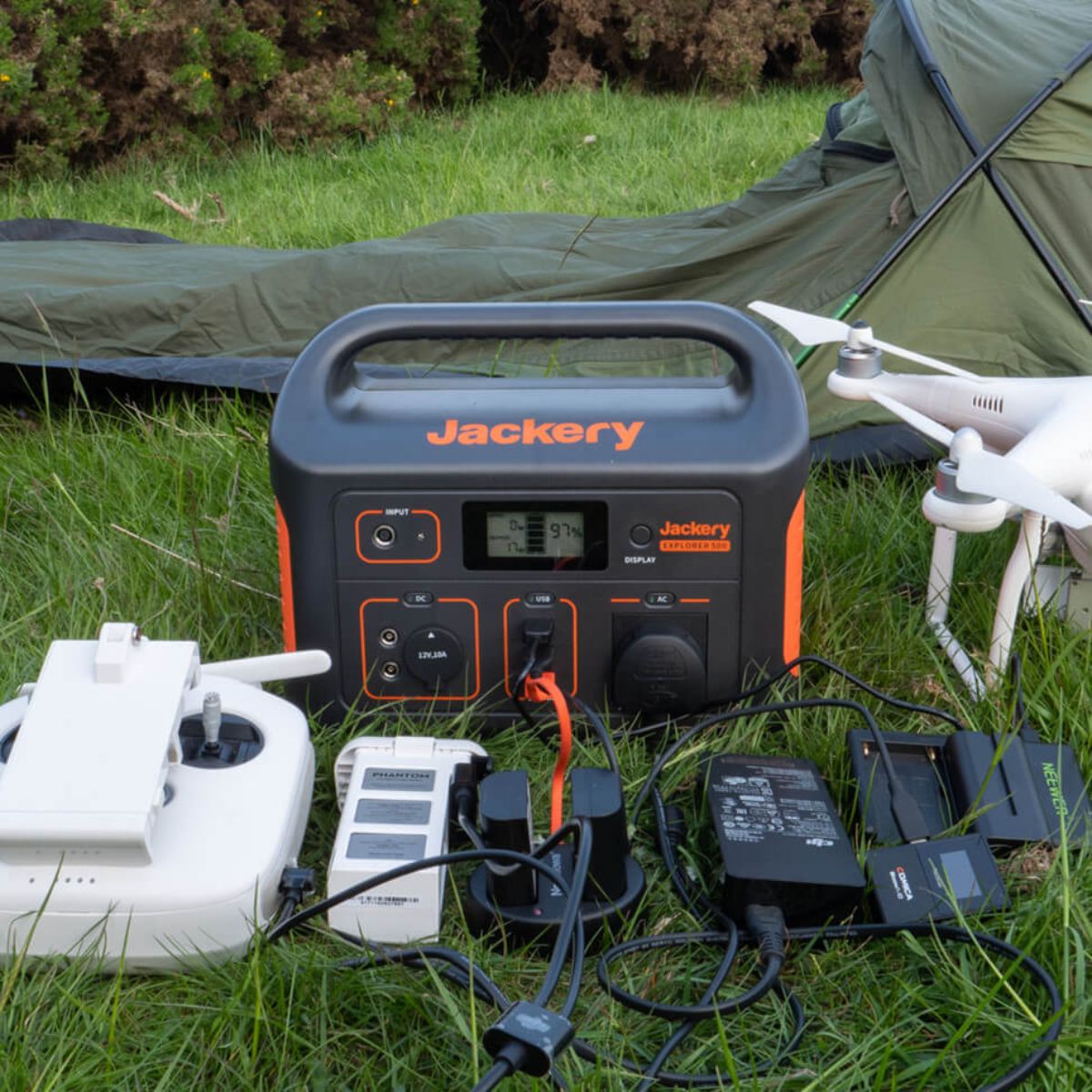 Front panel of Jackery Explorer 500 Portable Power Station displaying its capability to charge multiple devices at once