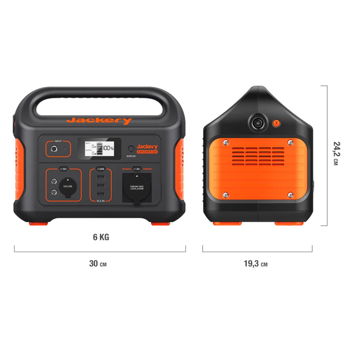 Jackery Explorer 500 Portable Power Station displaying its overall product dimensions