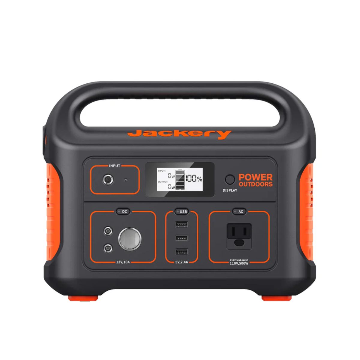 Front panel view of Jackery Explorer 550 Portable Power Station displaying its main power button, car port, LCD screen, USB and AC output ports, and LED flashlight