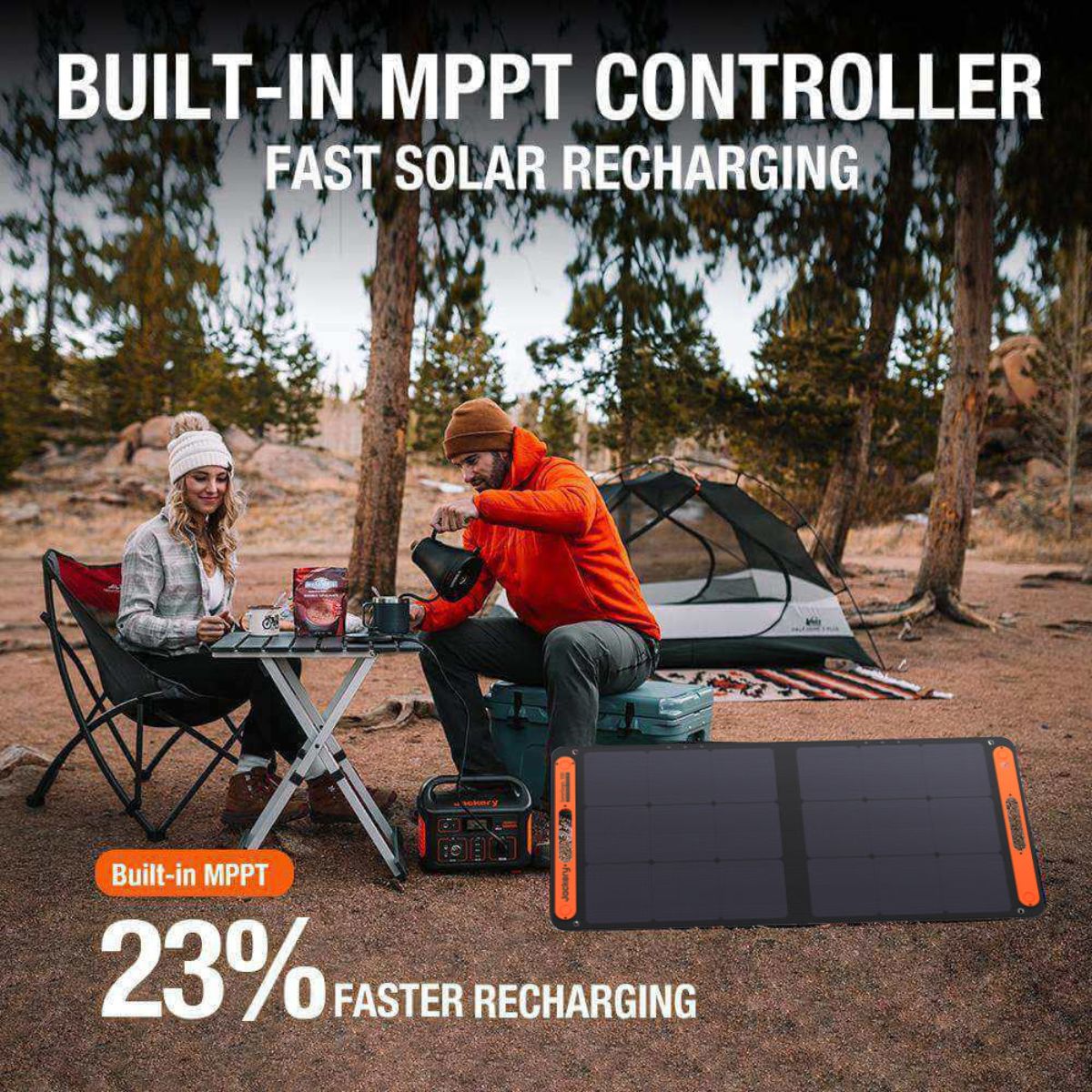 Jackery Explorer 550 Portable Power Station displaying its MPPT controller for fast solar recharging