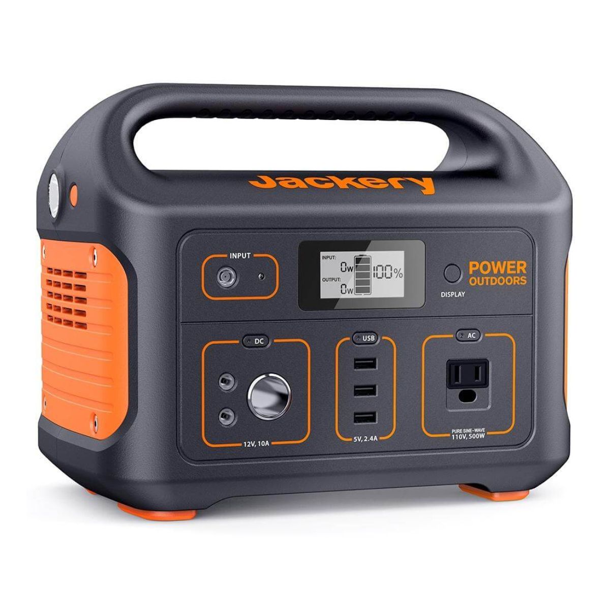 Jackery Explorer 550 Portable Power Station displaying its copact and durable build with its black and orange color scheme