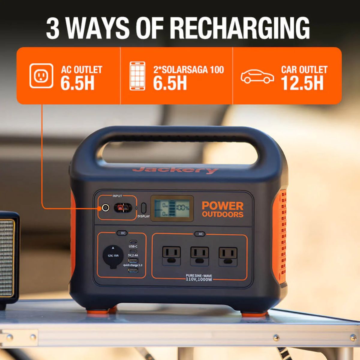 Jackery Explorer 880 Portable Power Station displaying its 3 recharging options: Ac outlet, solar panel, and car outlet