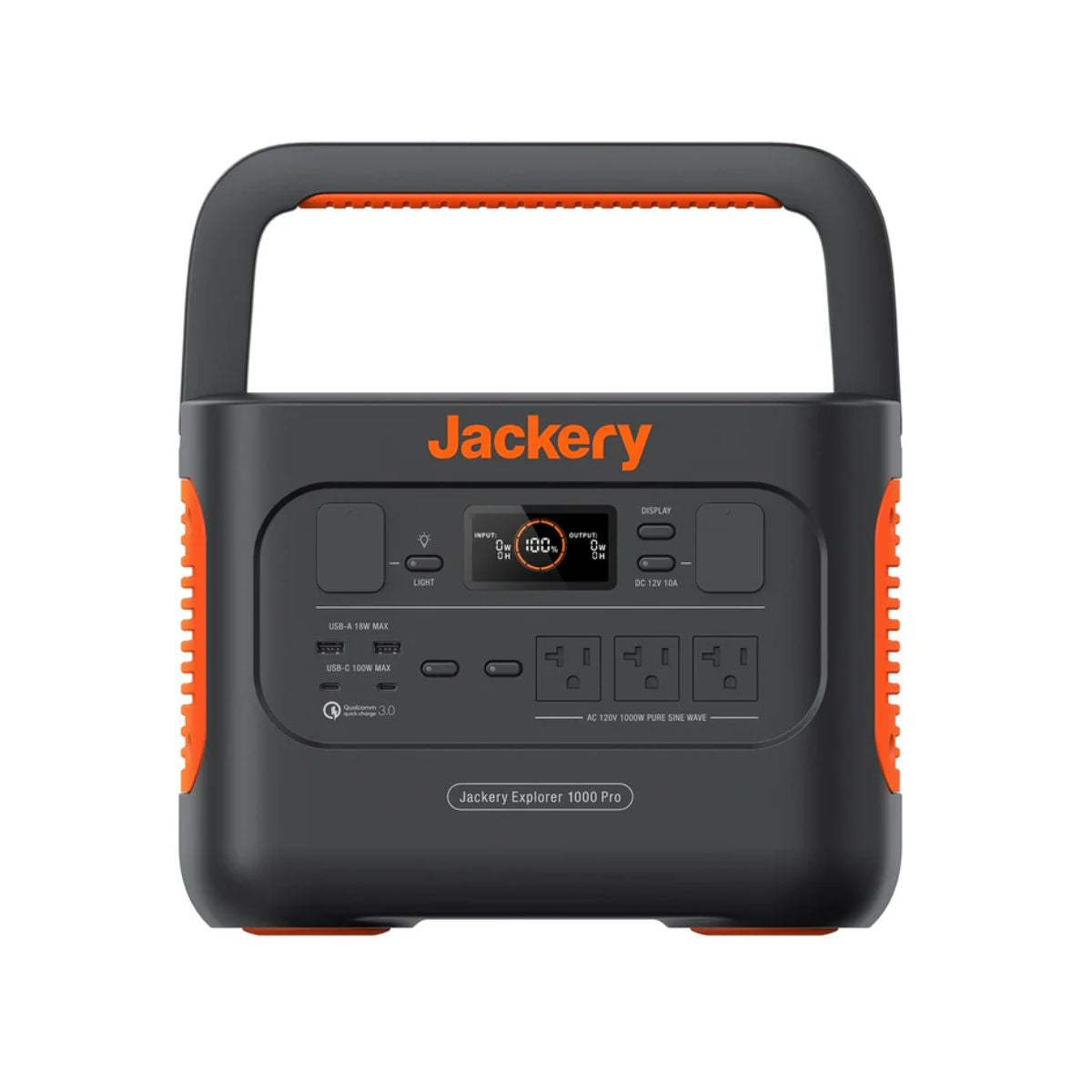 Jackery JE-1000B Explorer 1000 Pro Portable Power Station displaying compact and durable build with its black and orange color scheme. Also, with its multiple output ports, car port and LCD screen