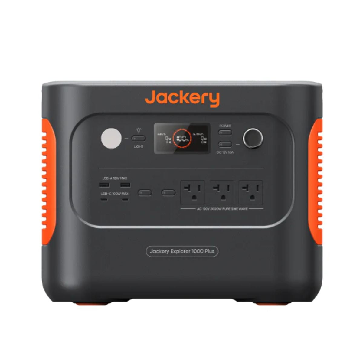 Front panel view of Jackery JE-1000C Explorer 1000 Plus Portable Power Station displaying its LCD screen, Main Power Button, USB output ports, AC output port and Car port