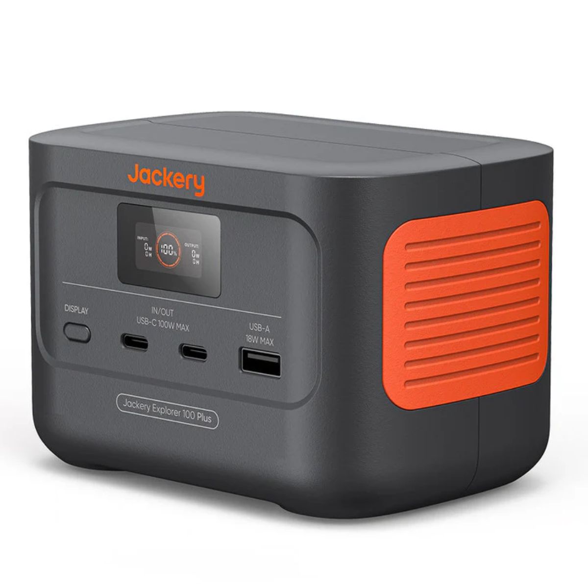 Jackery Explorer 100 Plus Portable Power Station displaying its LCD screen and output ports with its its compact size for easy portability