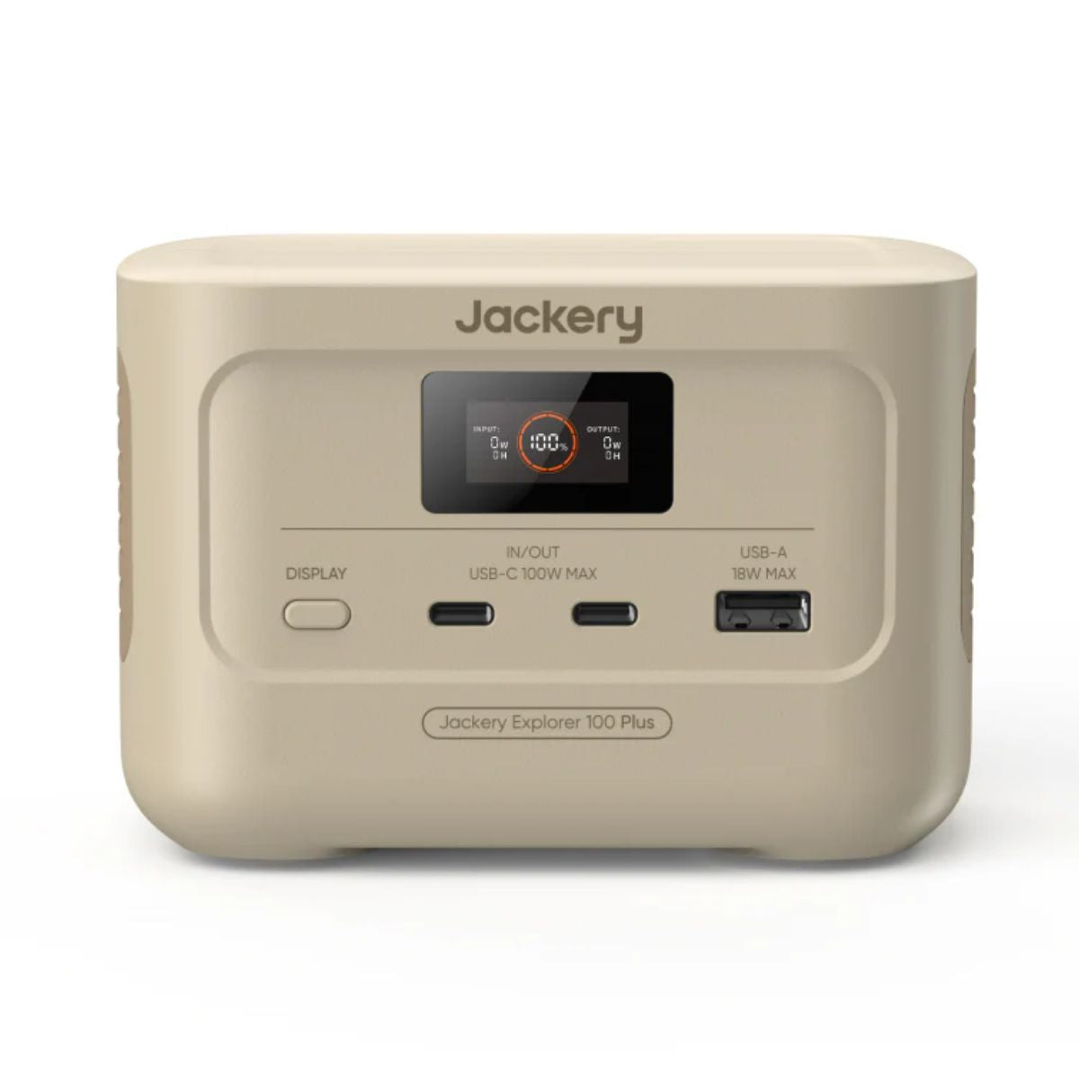 White Dune Jackery Explorer 100 Plus Portable Power Station displaying its LCD screen, Display Button, 2 USB-C ports and a USB-A port