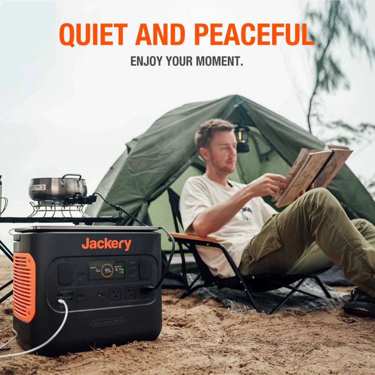 Jackery JE-2000A Explorer 2000 Pro Portable Power Station powering camping adventures and offers quiet and peaceful moment