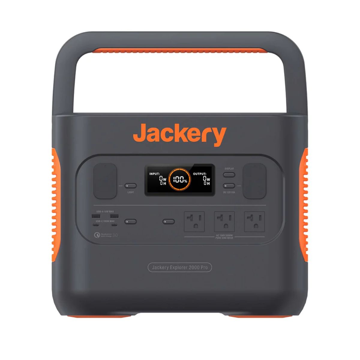 Front panel view of Jackery JE-2000A Explorer 2000 Pro Portable Power Station displaying its LED Light, USB Output ports, Car Port, AC Output ports and LCD screen