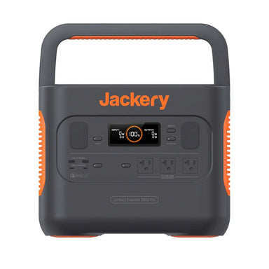 Front panel view of Jackery JE-2000A Explorer 2000 Pro Portable Power Station displaying its LED Light, USB Output ports, Car Port, AC Output ports and LCD screen