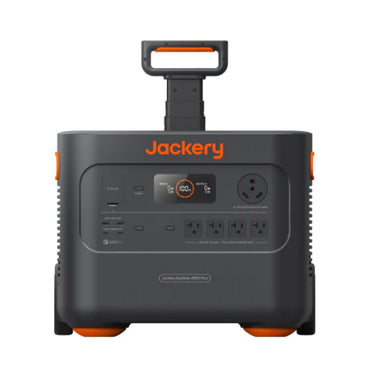 Front panel view of Jackery JE-2000C Explorer 2000 Plus Portable Power Station displaying Main Power Button, USB Output Ports, AC Output Ports and a Car Port