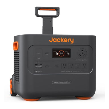 Jackery JE-2000C Explorer 2000 Plus Portable Power Station displaying its portability with its wheels and suite case design with its black and orange color scheme