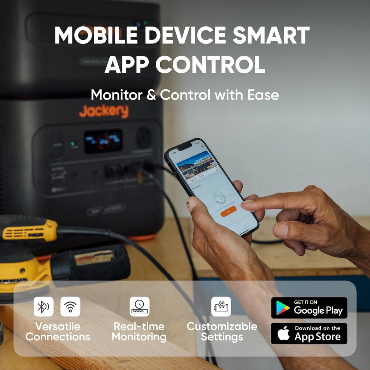 Jackery JE-2000C Explorer 2000 Plus Portable Power Station featuring its smart mobile app control for realtime monitoring and customizable settings