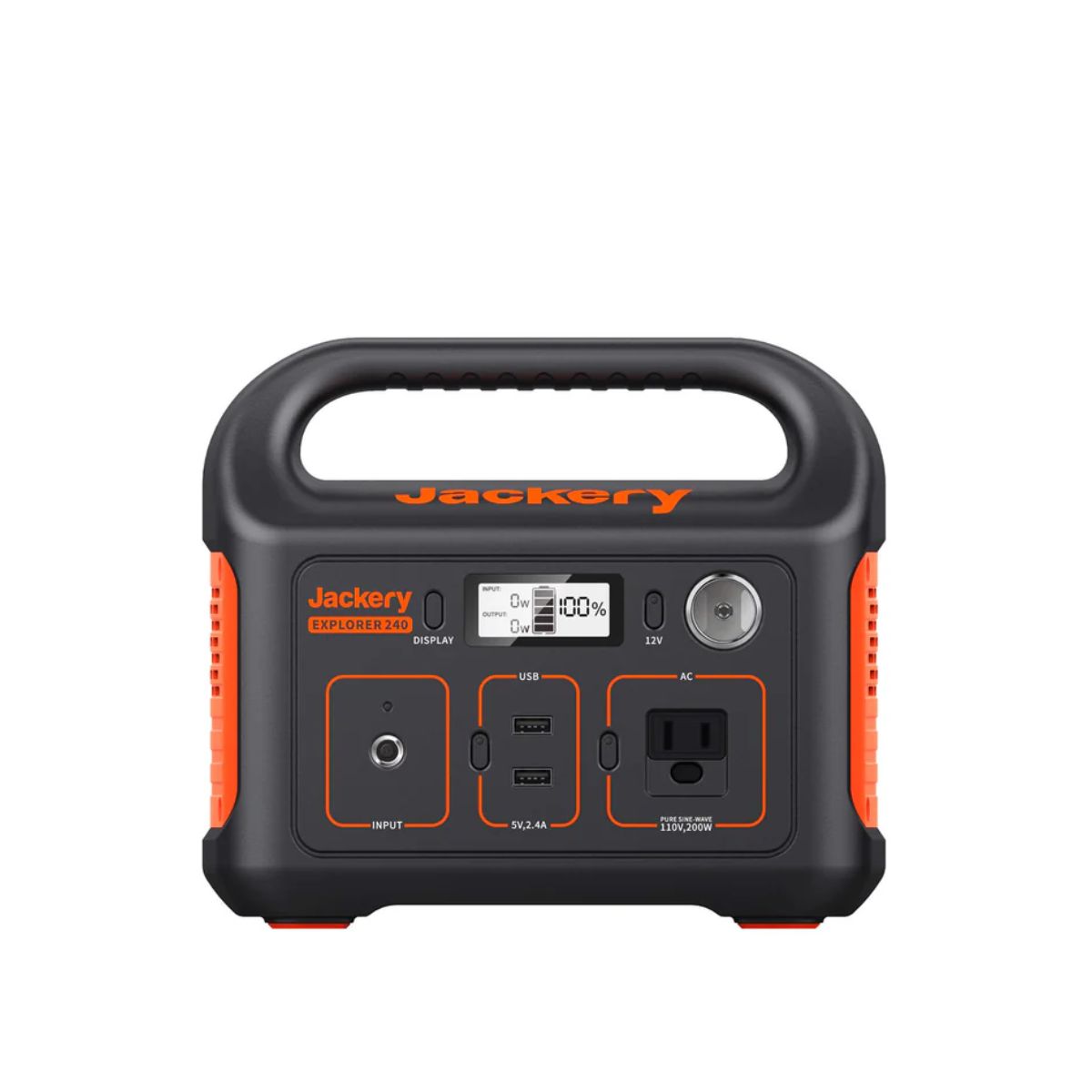 Front panel view of Jackery Explorer 240 Portable Power Station displaying its LCD screen, DC input port, USB output ports, AC output port and 12V car port