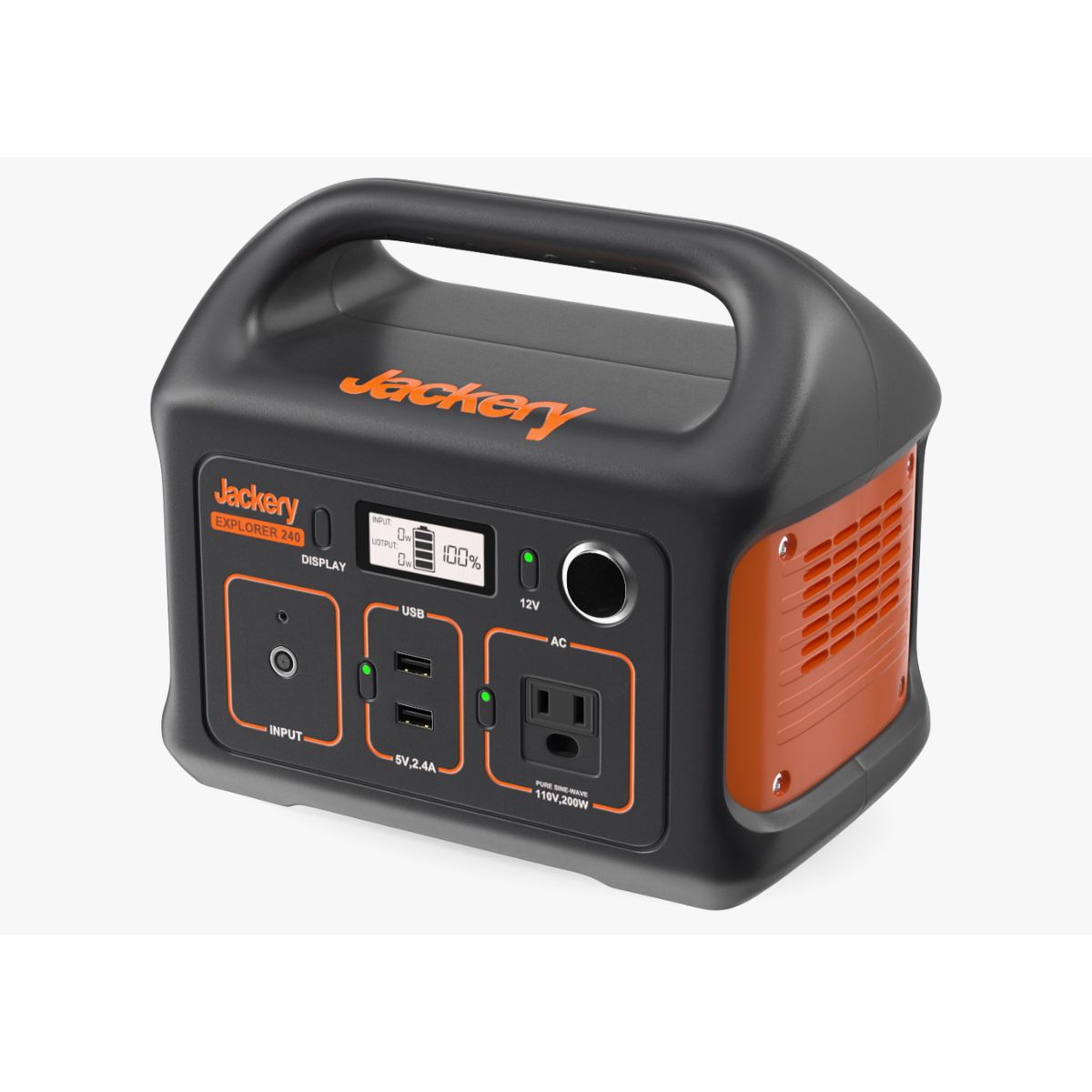 Jackery Explorer 240 Portable Power Station displaying its portable compact size with its black and orange color scheme