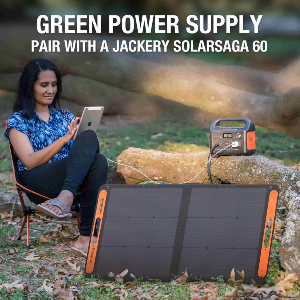 Jackery Explorer 240 Portable Power Station hooked up to a Jackery SolarSaga 60 for added power from solar energy