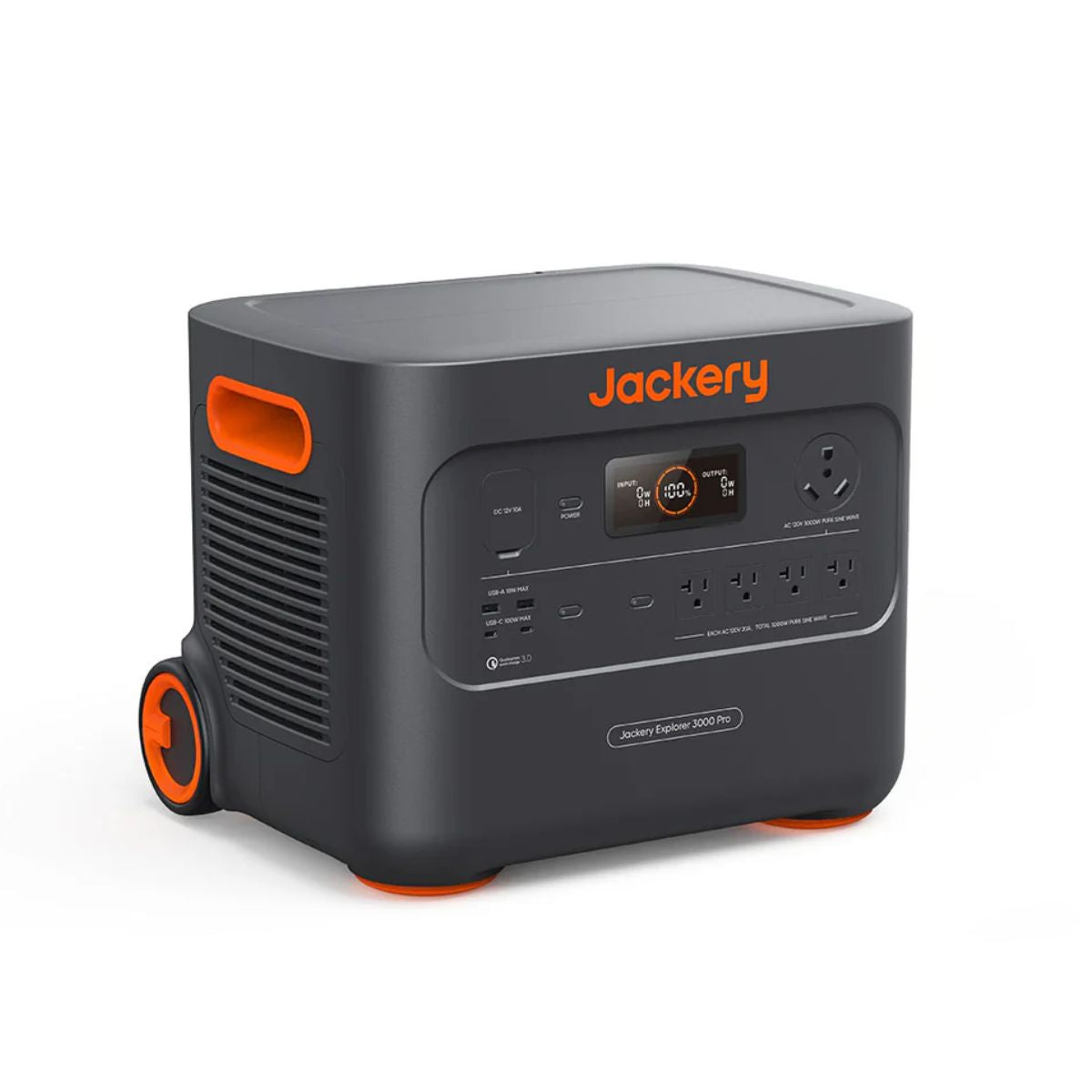 Jackery JE-3000A Explorer 3000 Pro Portable Power Station displaying its side panel air vents and its back wheels for mobility